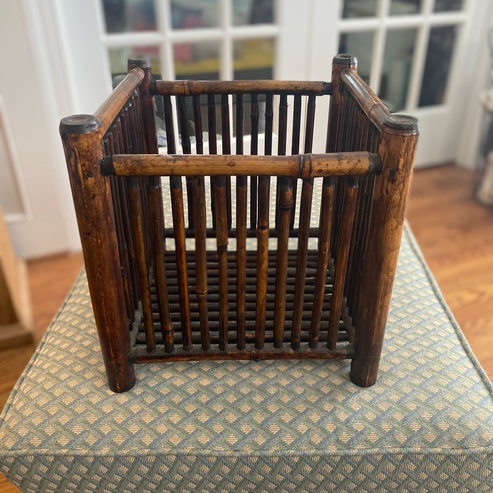 Brown Vintage Rustic Bamboo Magazine Rack Planter Basket Bin Accent